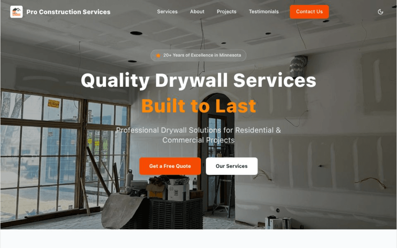 Pro Construction Services website screenshot